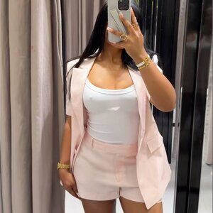ZARA ZW WOMAN FITTED SHORT SLEEVE LINEN BLAZER PINK BLOGGER VIRAL 2753/729 XS S